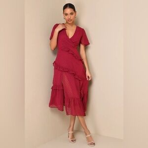 Lulus Women’s Next to You Wine Swiss Dot Ruffled Midi Asymmetrical Dress, Xsmall